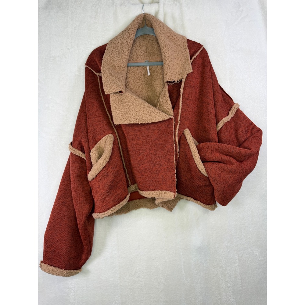 Free People Ruby Jacket Womens XL Rust Sherpa Lined Oversized Moto Fleece
